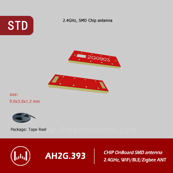 2.4GHz,SMD CHIP Antenna, WiFi/BLE/Zigbee, 9.0x3.0x1.2mm, AH2G.393
