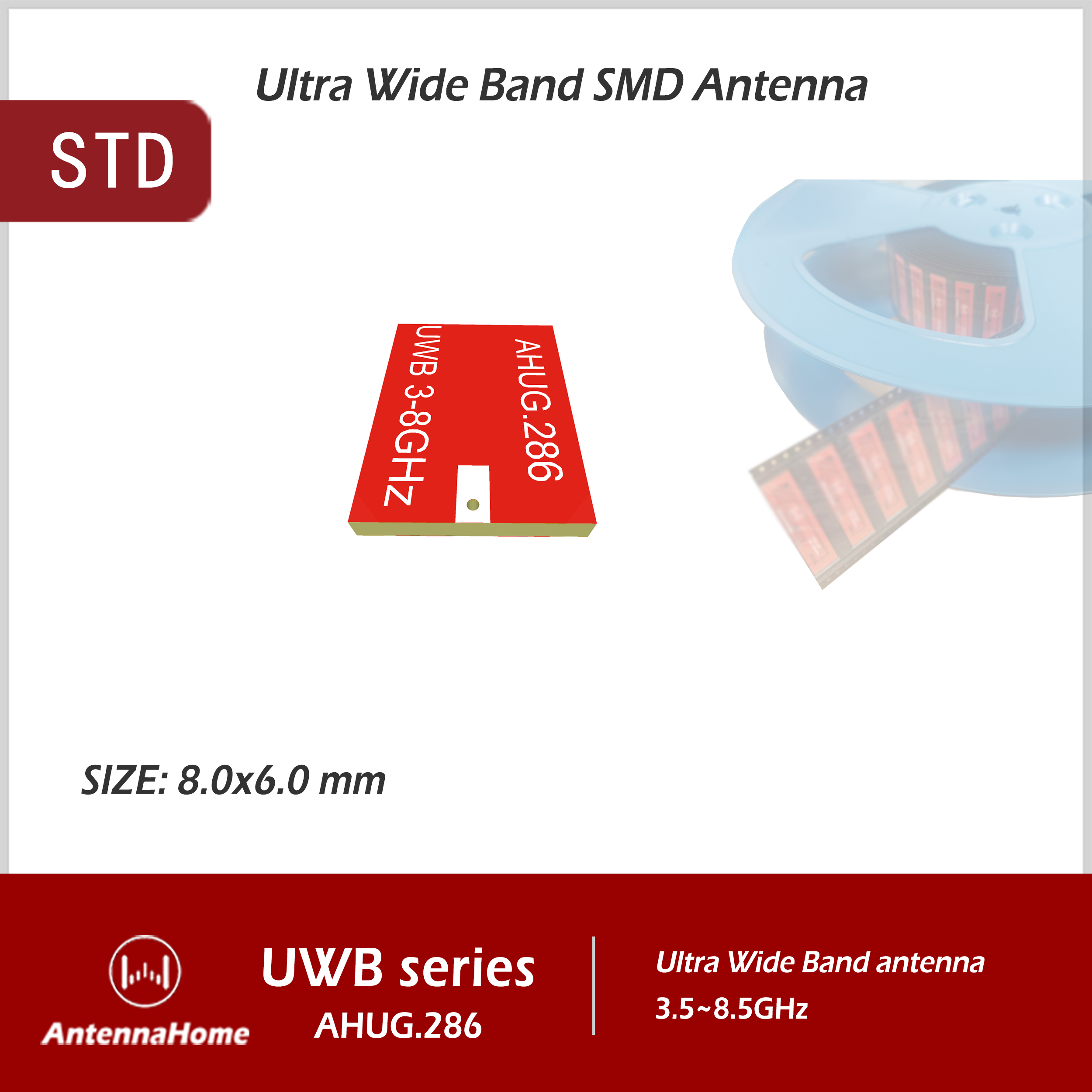UWB CHIP SMD antenna, AHUG.286, PDOA, TDOA, Decawave, DW1000, DW3000  